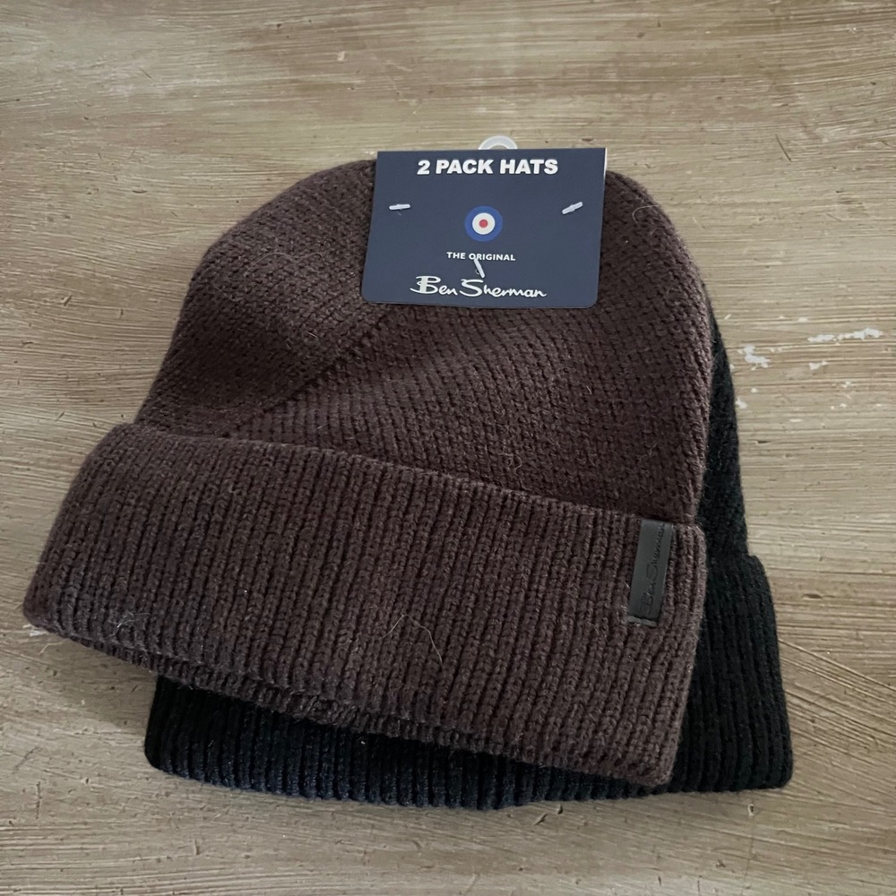 NEW Ben Sherman Mens 2 Pack Knit Beanie Hats Brown Black Ribbed Cuffed Gorpcore
